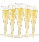 FOCUSLINE 100 Pack Plastic Champagne Flutes, 4.5 Oz Gold Glitter Plastic Champagne Glasses, Dispo...