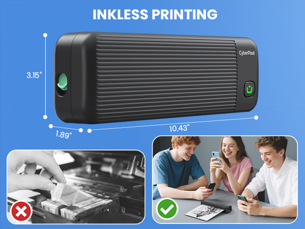 Text reads 'INKLESS PRINTING'. Educational diagram showing comparison between incorrect (X) and correct (?) paper handling methods for a printing device.