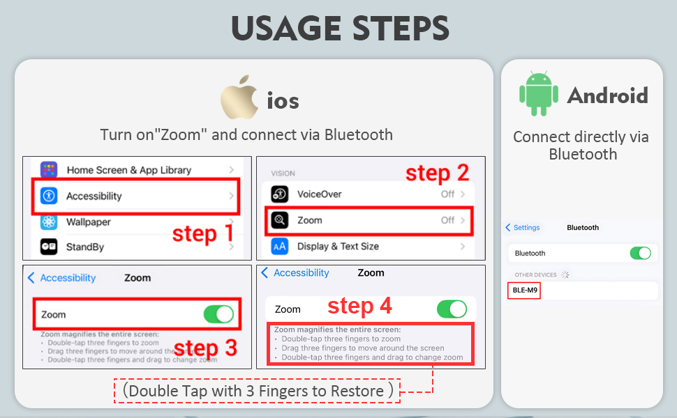 Wireless;Zoom in and out;Page tunner;short video scrolling;wireless camera remote, remote for iPhone