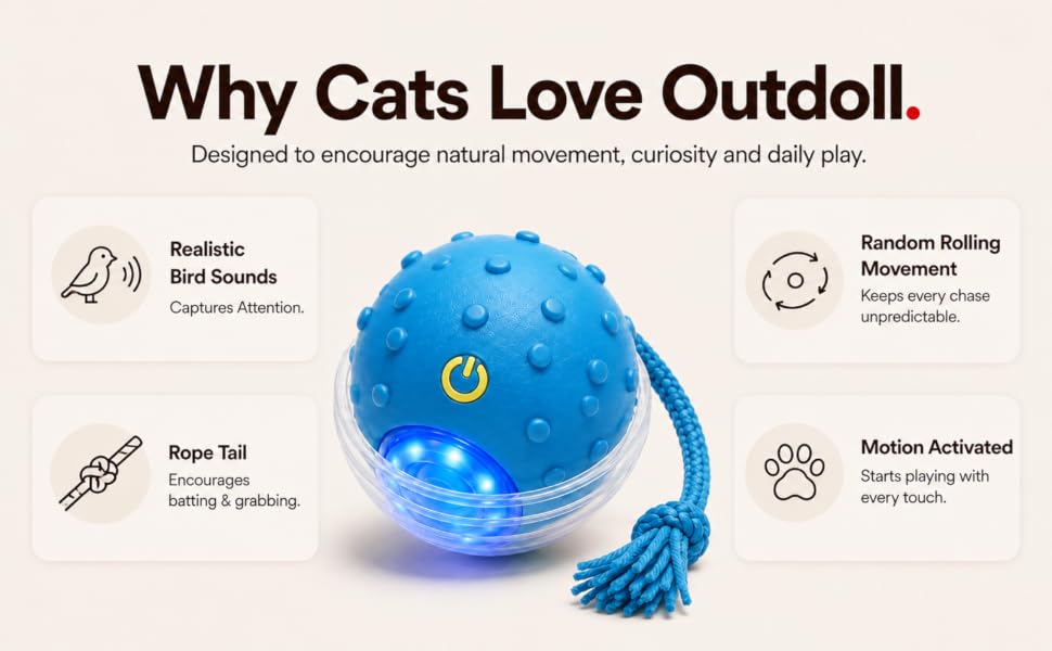 Motion-activated rolling cat toy with rope tail, bird sounds, and random movement features.