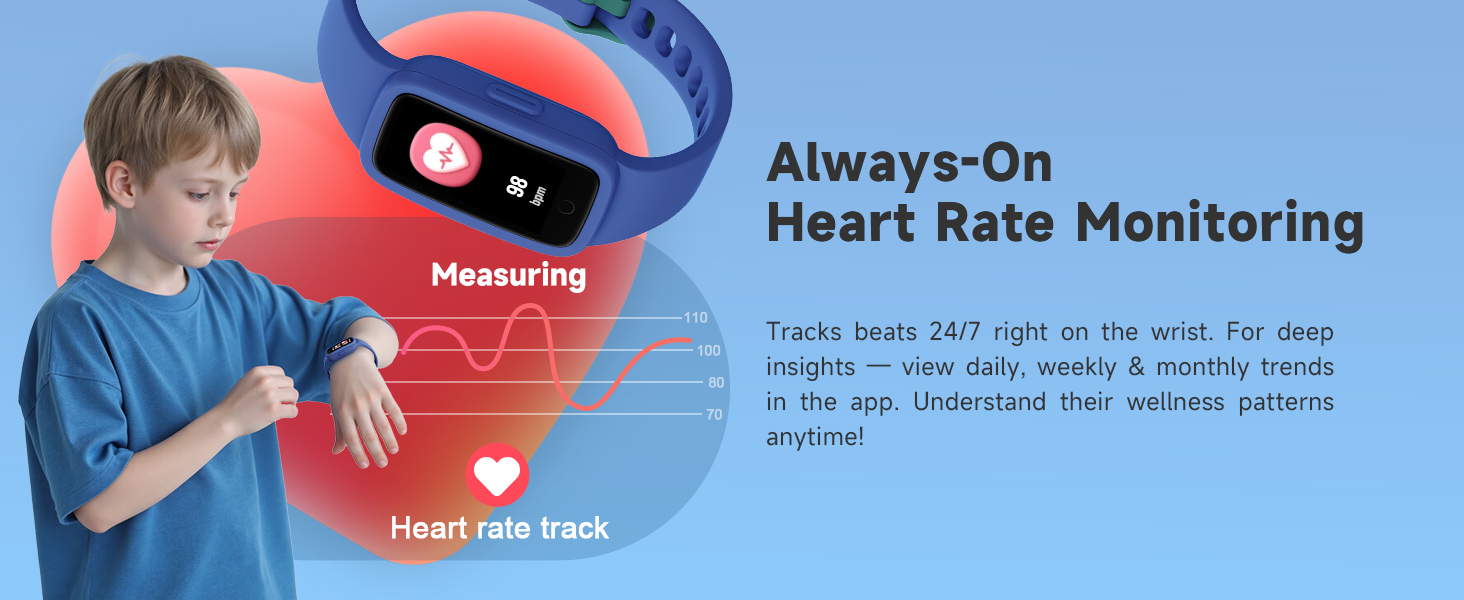 Text reads 'Always-On Heart Rate Monitoring'. Blue-tinted illustration showing continuous heart rate monitoring concept with heart symbol and activity tracking.