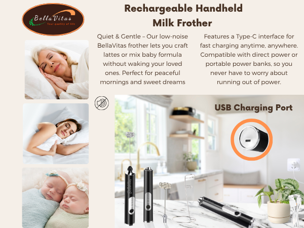 USB-C rechargeable milk frother with spring and balloon whisks and stand in a modern kitchen.