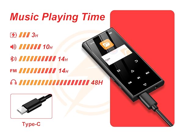 Portable music player with touchscreen display, showing battery life and playback times for various audio modes. Features Type-C charging port and 48-hour headphone playback time.