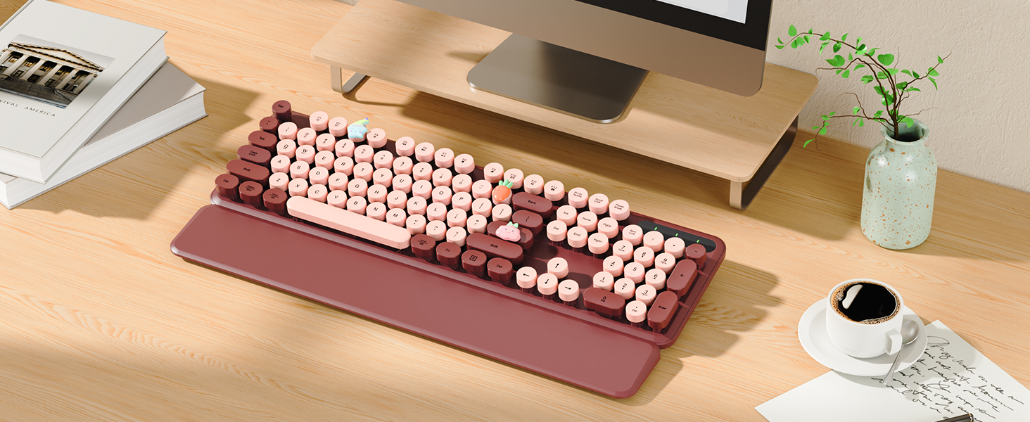 Wine Red Wireless Keyboard, Round Keycaps, Retro Typewriter Keyboard with Detachable Wrist Rest