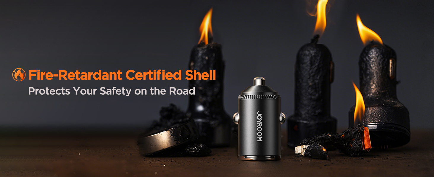 joyroom fast car charger with fire-retardant certified shell, protects your safety on the road