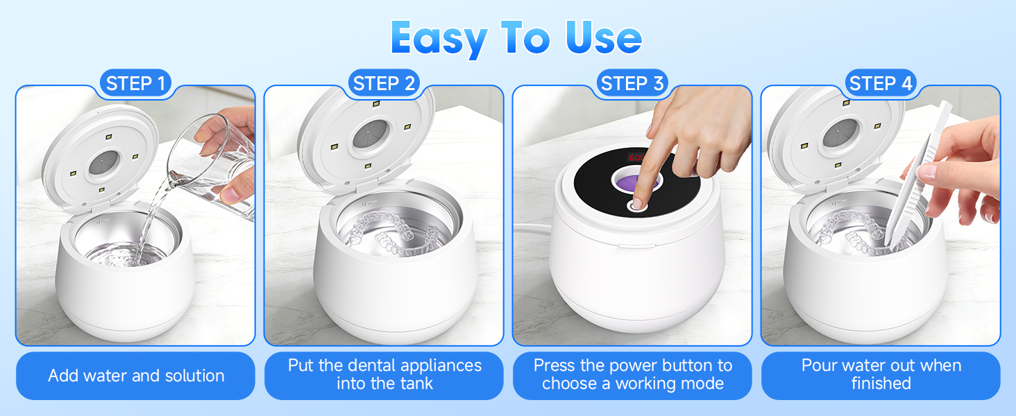 Text reads 'Easy to Use'. Four-panel instruction diagram showing steps for applying a product to eyeglasses using small blue arrows and illustrations.