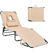Goplus Tanning Chair, Folding Beach Lounge Chair with Face Hole, Removable Pillow, 350LBS Capacit...