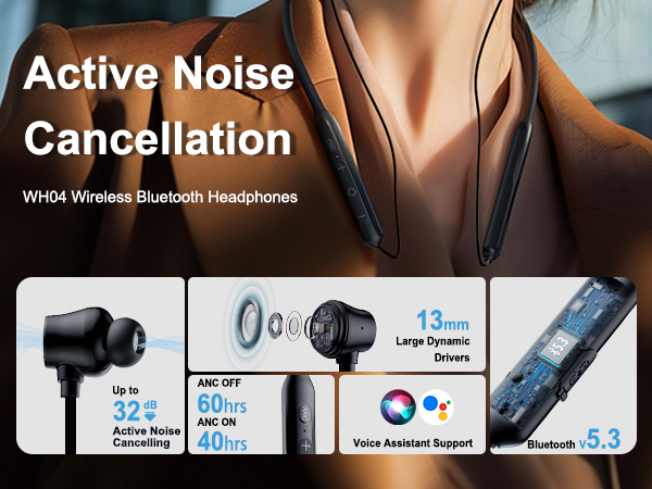 13mm driver,ANC up to 32dB,ANC On 40hrs, ANC Off 60hrs, Bluetooth v5.3 ,IPX6 Water Resistance