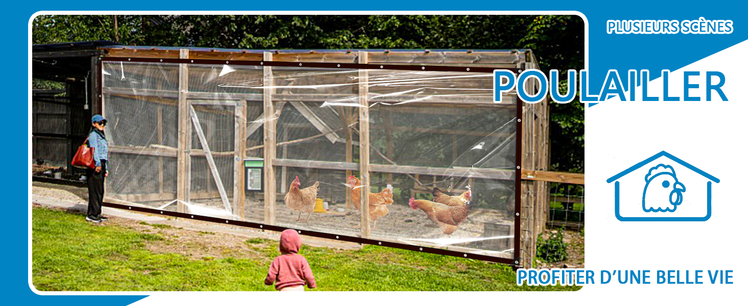 Large outdoor chicken coop or enclosure with mesh walls and roof, set in a backyard with grass, labeled 'Poulailler' (French for chicken coop).