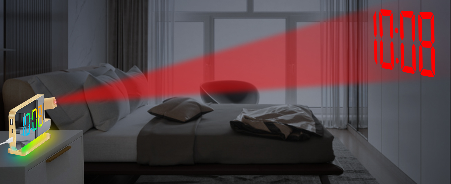 Projection Alarm Clock,7.4 in LED Mirror Digital Clocks Projection on Ceiling Wall,RGB Night Light