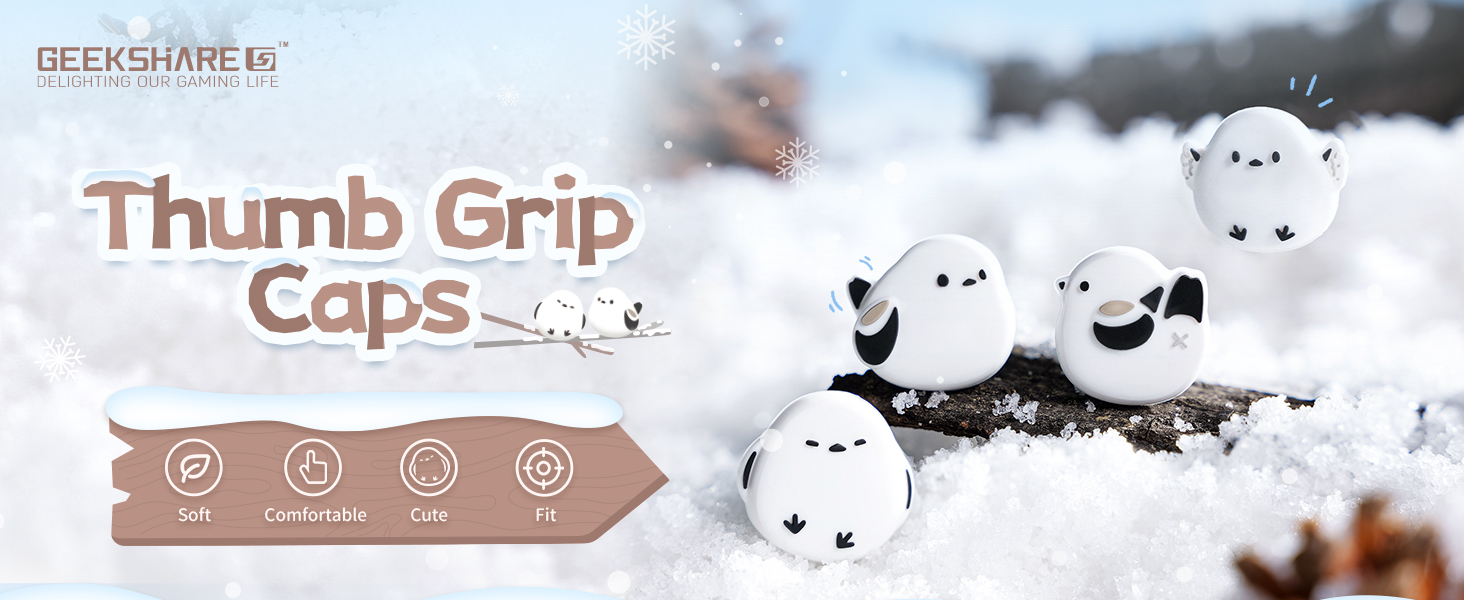 Text reads 'Thumb Grip Caps'. Product display showing beige/tan textured grip caps with circular detail patterns, photographed against snowy outdoor background.