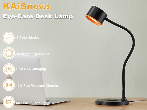 LED Desk Lamp with USB Charging Port Wireless Charger Small Lamp for College Dorm Room Home Office
