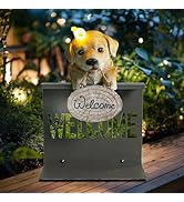 Garden Dog Statues with Solar Bird, Solar Dog Sculptures with Welcome Fence Base Outdoor Statue G...