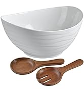 KITEISCAT Extra Large Elegant Ceramic Oval Salad Bowl Set with Premium Acacia Wood Salad Serving ...