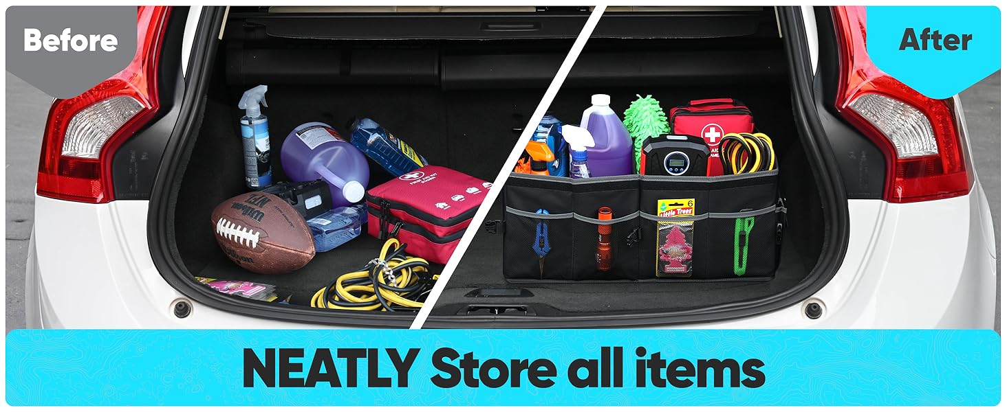 Organize your messy trunk, neat and tidy, universal fitment, car trunk storage, side pockets