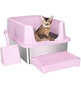RIZZARI Stainless Steel Cat Litter Box, Semi-Enclosed Litter Box with Raised Edges, Anti-Leakage ...