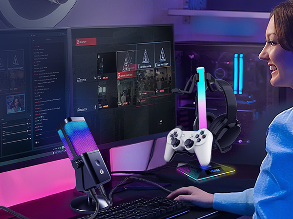 Multiple connected images showing gaming setup with dark room illuminated by blue and pink LED lighting. Gaming controller and computer monitors visible with code displayed on screens.
