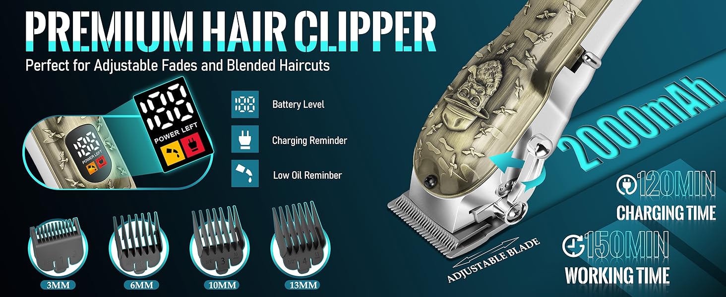Text reads 'PREMIUM HAIR CLIPPER'. Professional hair clipper product display showing multiple attachment combs and technical specifications against dark background.