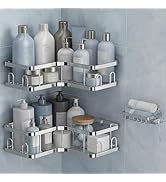 Veken Corner Adhesive Shower Caddy 3-Pack with Soap Holder&amp;Hooks,No Drilling Shower Shelves,Rustp...