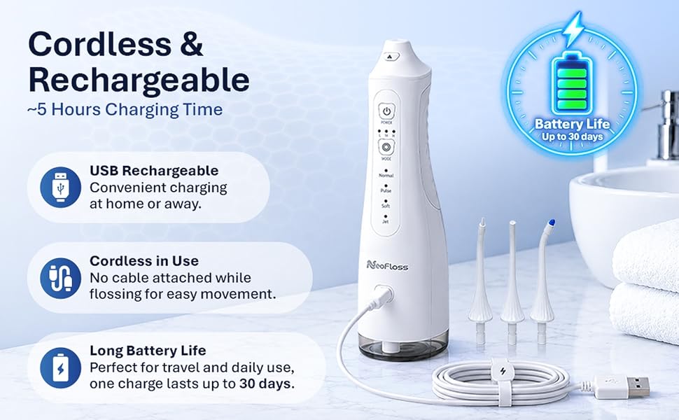 NeoFloss AquaPulse Pro WT288 cordless rechargeable water flosser with up to 30 day battery life