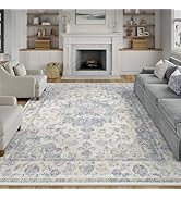 WondRg 8x10 Washable Neutral Area Rug Blue Vintage Living Room Bedroom Carpet Non-Slip Soft Low P...