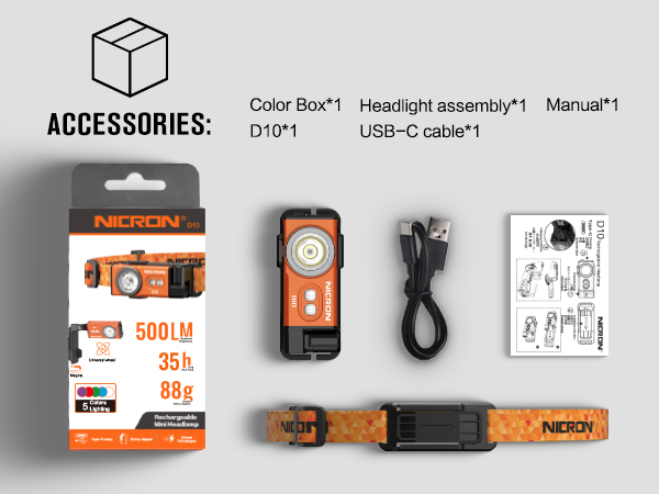 Package includes: EDC flashlight, headlamp strap, charging cable, instruction manual