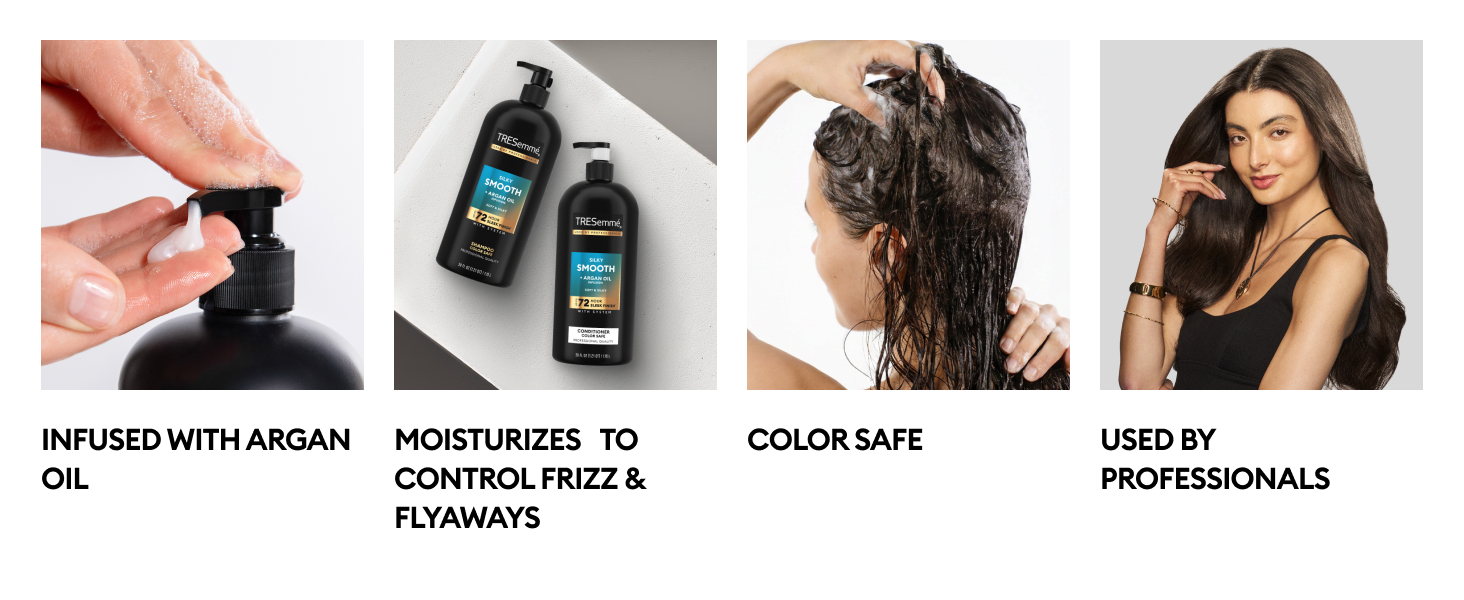 4 images showing shampoo dispensing, product bottles, wet hair, and smooth hair results.