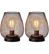DECORKEY Set of 2 Battery Operated Lamp LED Table Lantern, Brown Metal Cage Cordless Lamps with L...