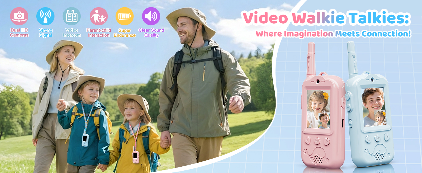 Kids video walkie talkie with dual cameras and 2.0 inch IPS screen for boys and girls gift.
