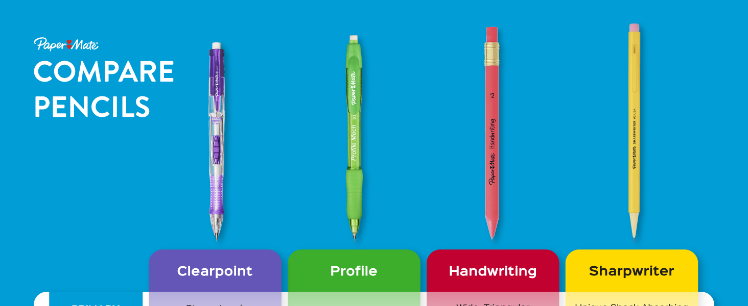 paper mate compare pencils portfolio purple green red yellow eraser lead clean best grip comfort