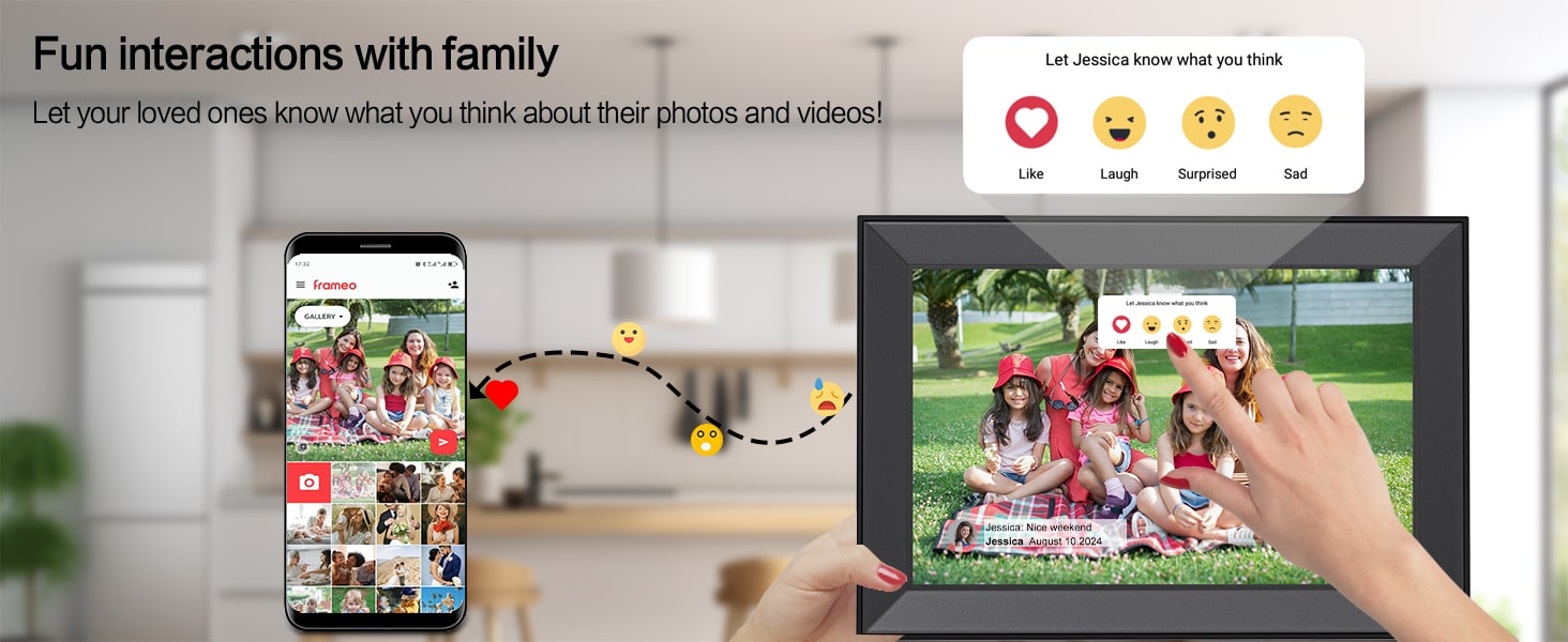 Send emoji reactions to photos through the Frameo app.