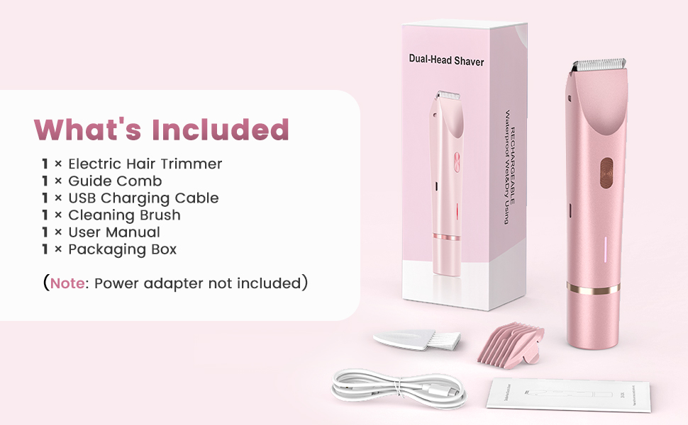 Trimmer kit including electric trimmer, guide comb, USB cable, cleaning brush, and manual.