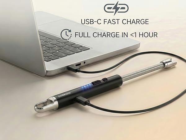 USB-C rechargeable electric candle lighter charging from laptop with battery indicator