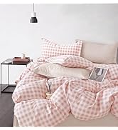 LEMIROE Cottage Gingham 100% Cotton Duvet Cover Queen Size 3PC - Sweet Blush Pink &amp; Soft White Mi...