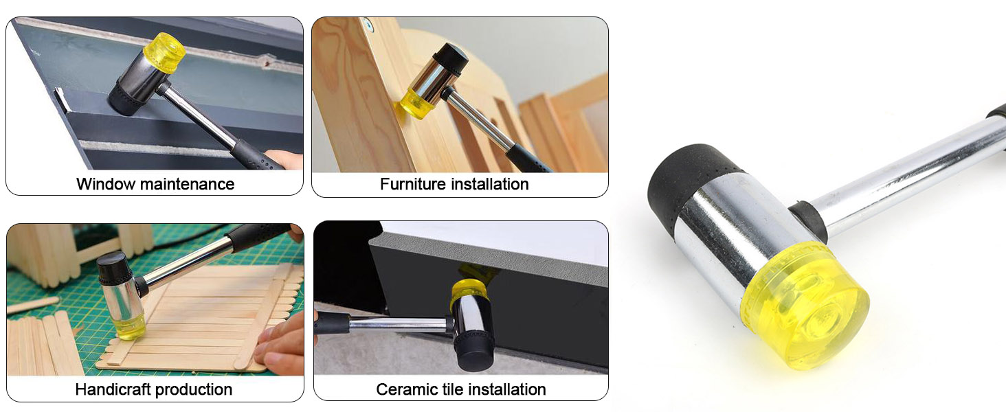 The small rubber mallet comes with two types of hard plastic and soft rubber hammer heads.