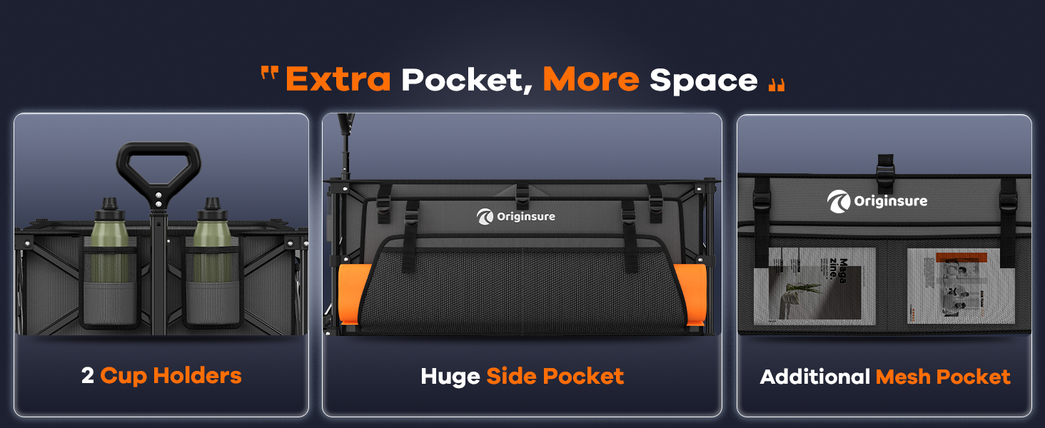 Huge side bags, side mesh bags and 2-cup brackets provide ample storage space
