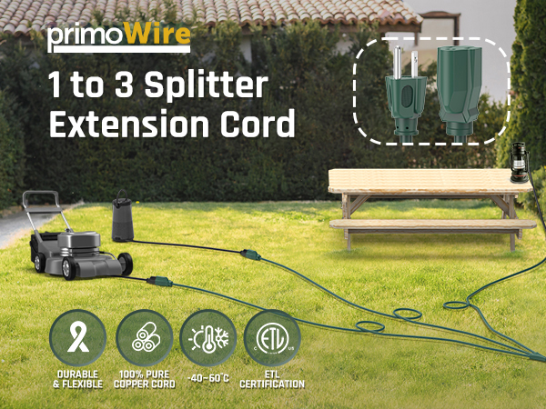 1-to-3 splitter cord—durable, pure copper, extreme-resistant, ETL-certified.