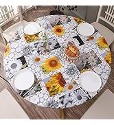 Round Vinyl Fitted Tablecloth with Flannel Backing Elastic Edge Design Table Cover Waterproof Oil...