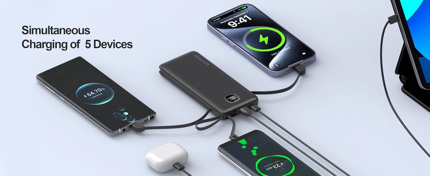 penaover portable charger with built in cables