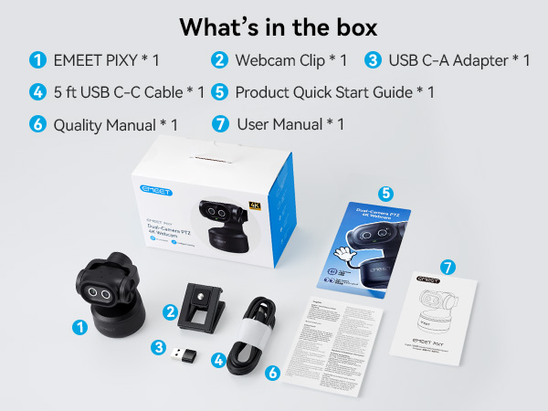 What's in the box EMEET PIXY Dual-Camera AI-Powered PTZ Camera 4K 