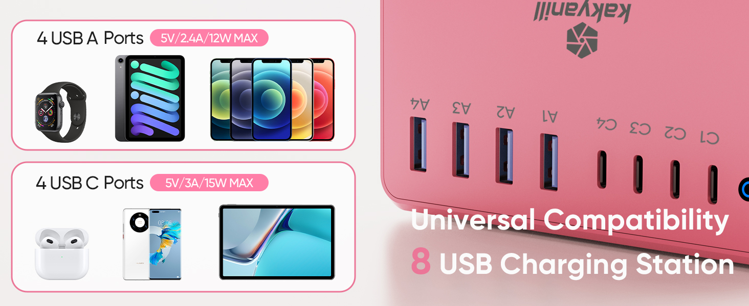 This cute pink charging station delivers up 8 USB ports, 4 USB-C ports can provide 5V/3A.