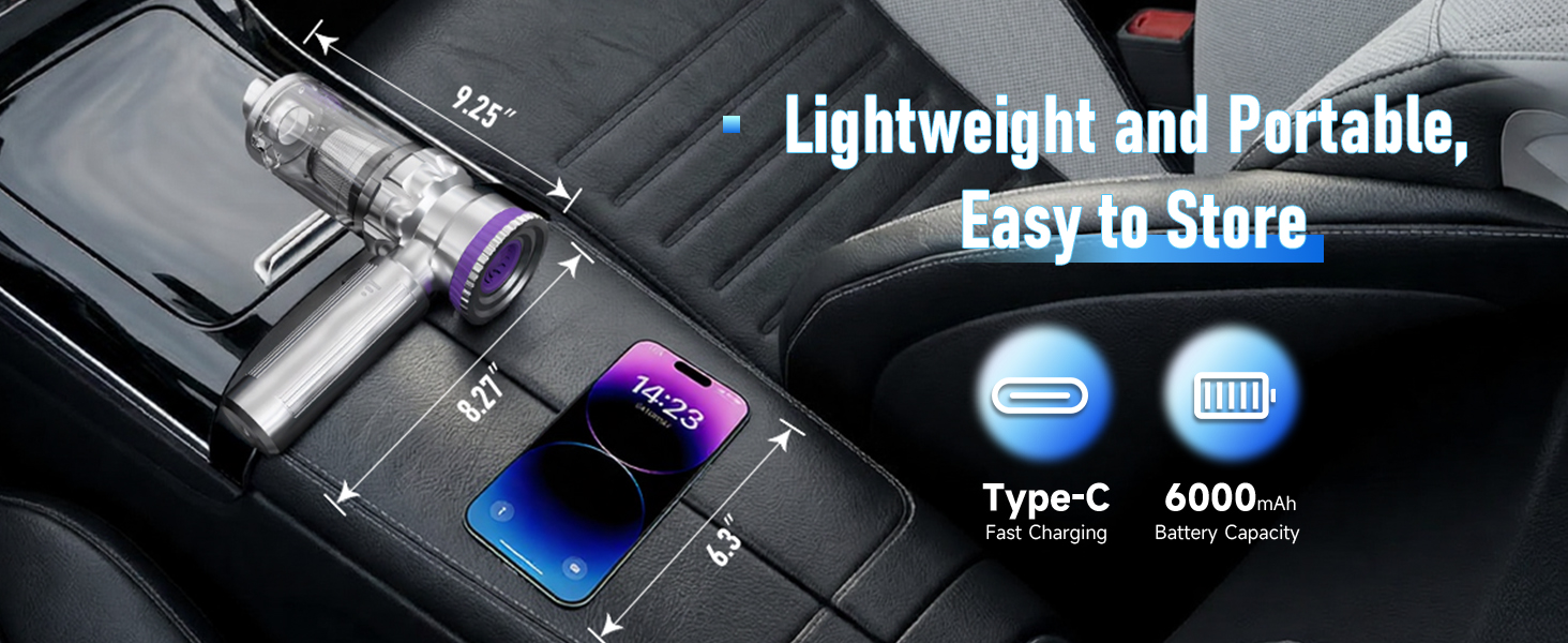fast-charge vacuum for car with 6000mAh battery, compact and lightweight