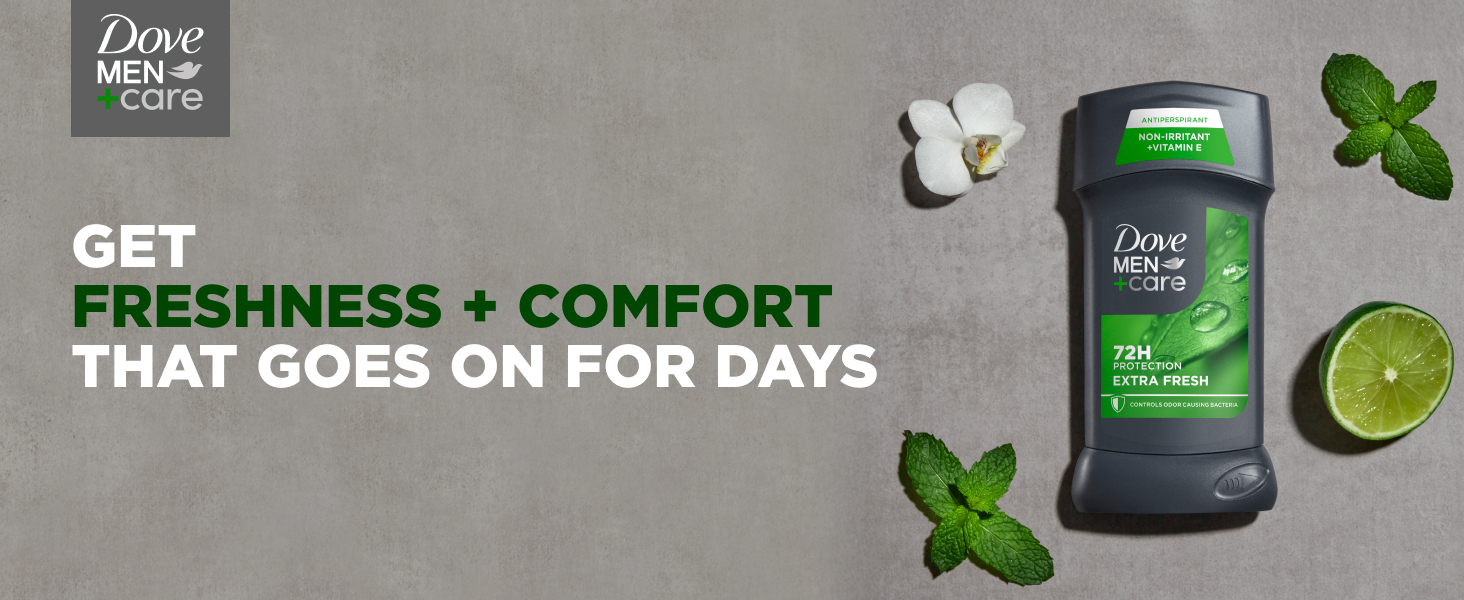 Image of Dove Men+Care Extra Fresh Deodorant Stick between lime, mint, white flower &amp; titles.