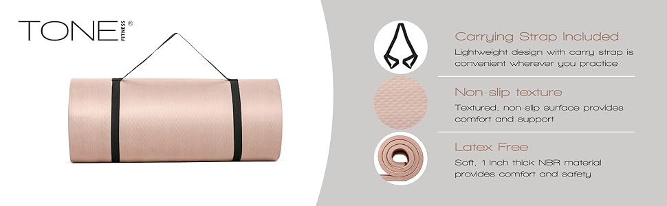TONE Fitness yoga and pilates mat with carry strap features