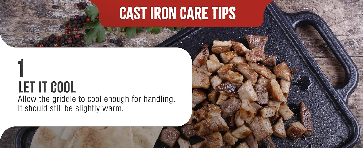 Cooked meat on a griddle. Text reads: Let it cool. Allow the griddle to cool before cleaning it.