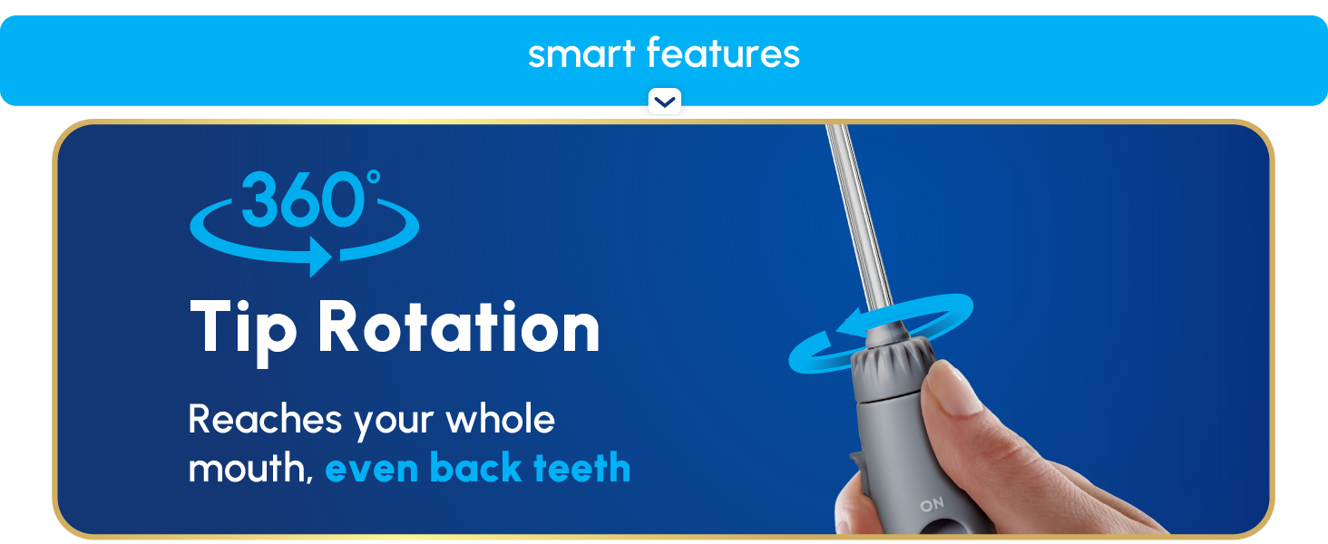 Image of Waterpik tooth flosser tip with text reading three hundred sixty tip rotation.