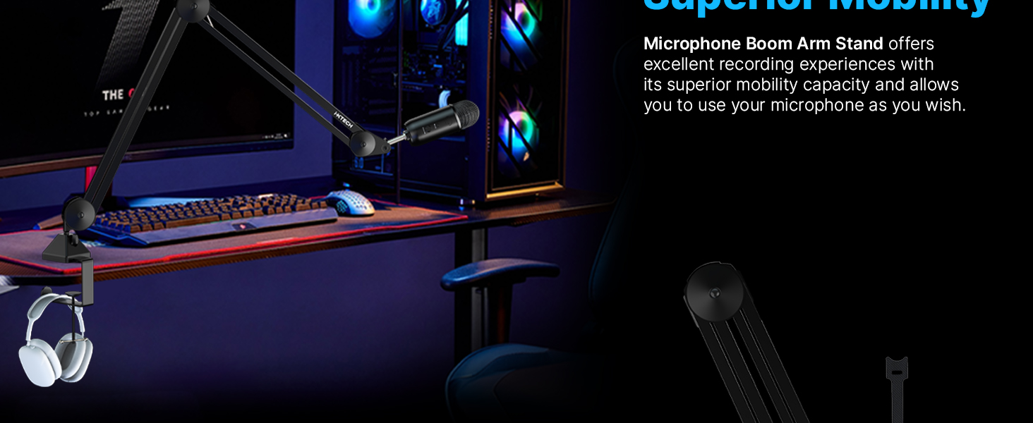 gaming mic podcast microphone stand arm boom studio pc computer streaming desk low profile cable cam