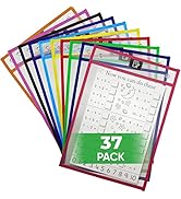 37 Pack Reusable Dry Erase Pockets Sleeves - Heavy Duty Dry Erase Pockets Reusable Oversized Size...