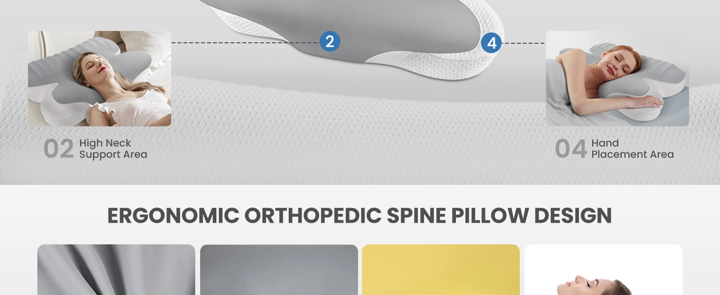 Ergonomic orthopedic spine pillow with high neck support and head placement areas. Composite image shows pillow's shape and people using it for sleep support.