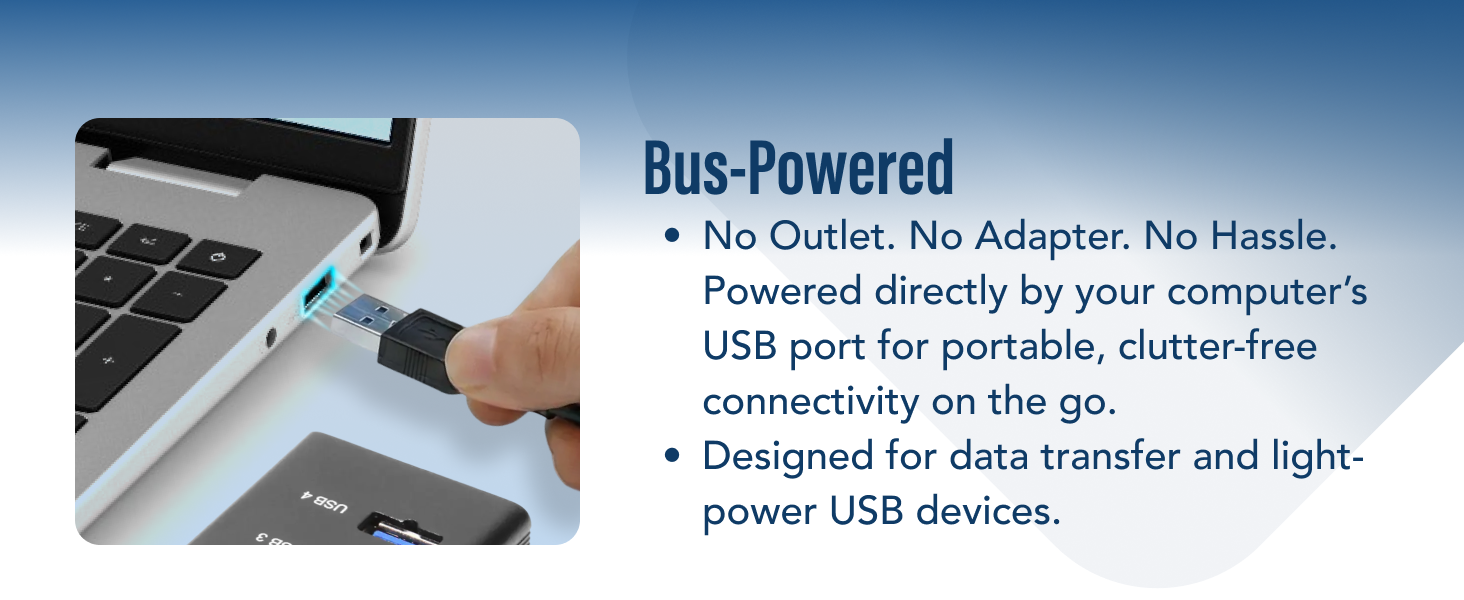 bus powered 4 port USB hub plugged into laptop, USB 3.0 data hub with easy connectivity